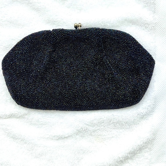 Miranda Micro Beaded Navy Blue Kisslock Clutch Bag Made in Japan - Picture 1 of 8